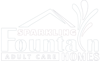 Logo for Sparkling Fountain Adult Care Homes; text inside of a house outline with a water fountain.