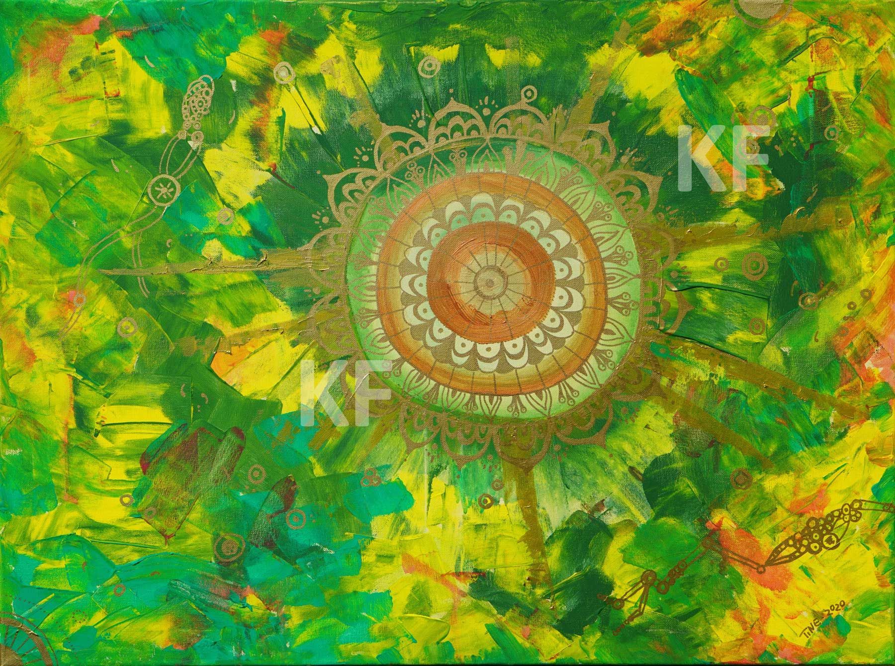 gemaltes Bild - ein goldenes Mandala auf grün gelbem Hintergrund