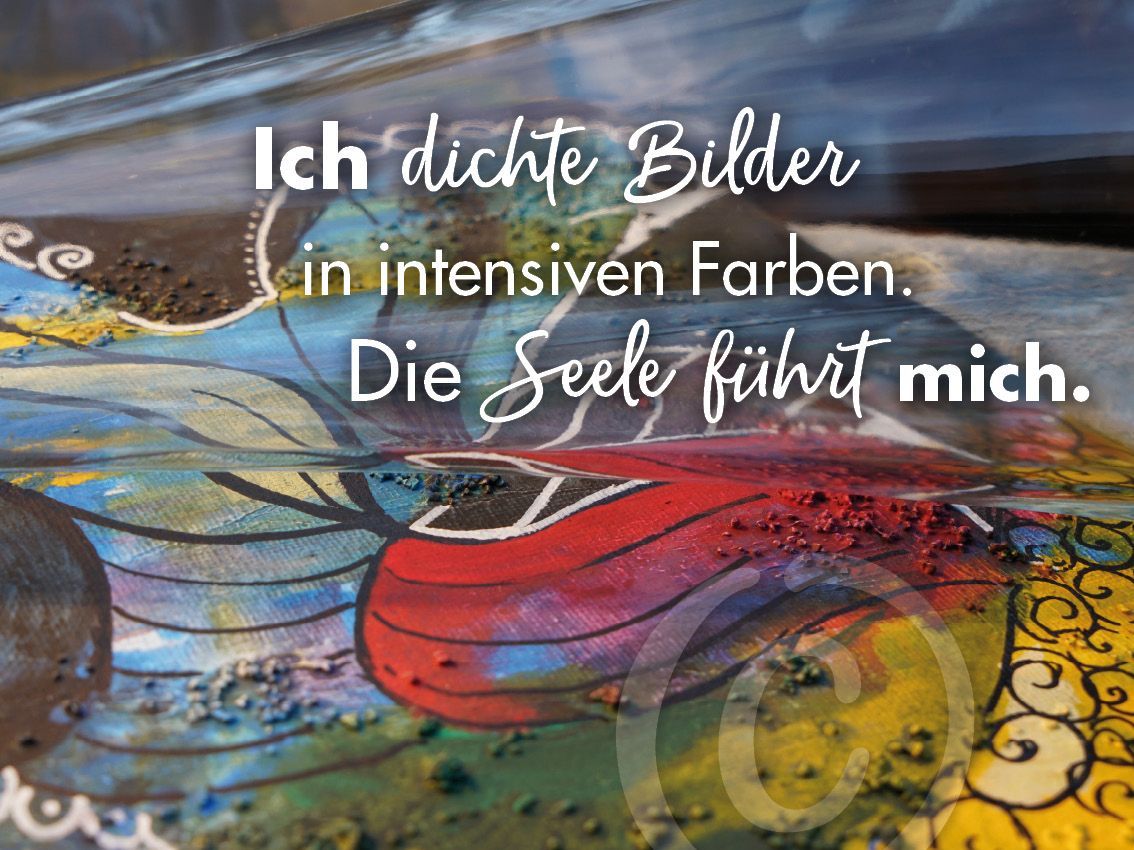 Sinnspruch auf einer gemalten Landschaft