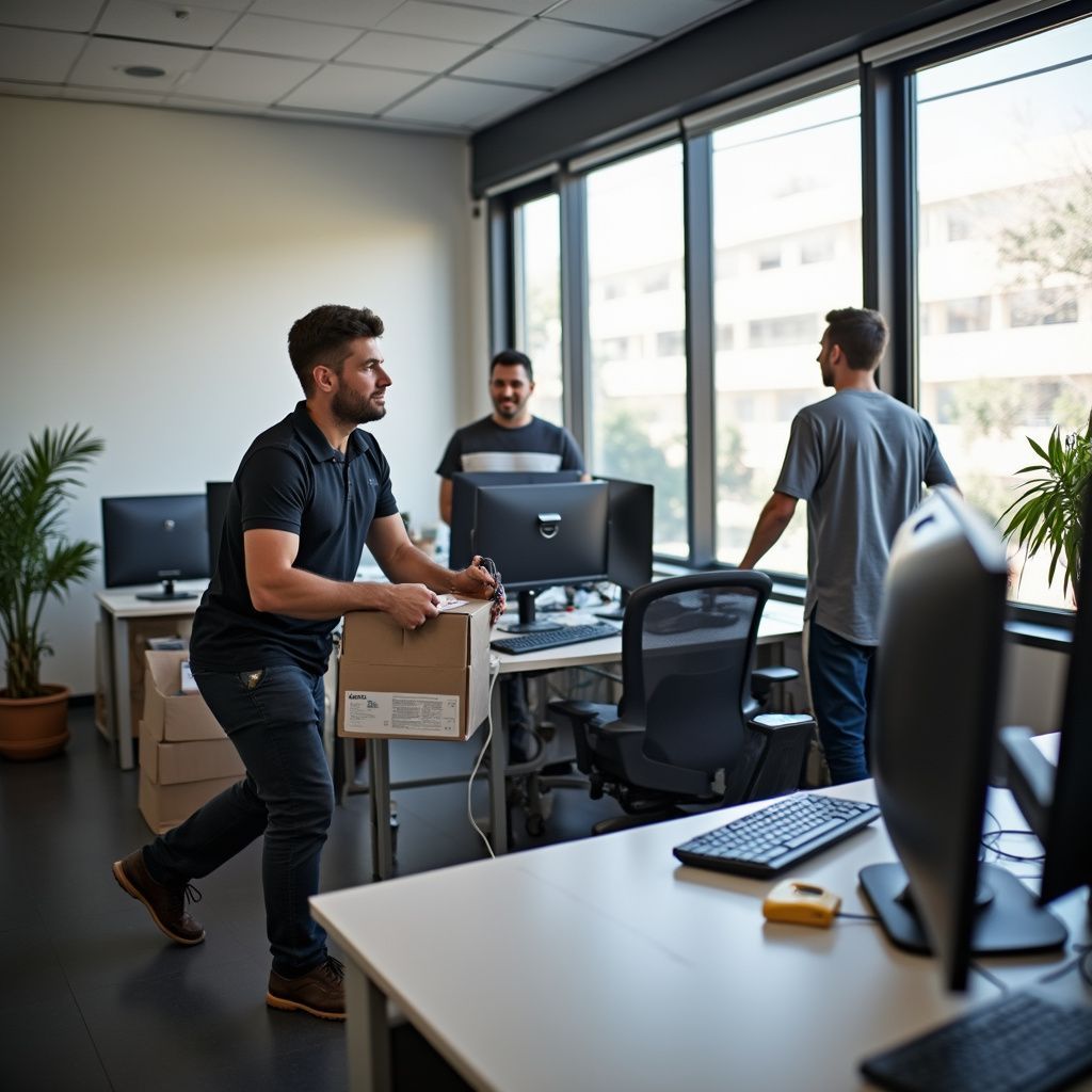 Un uomo trasporta uno scatolone in un ufficio con grandi finestre e postazioni di lavoro al computer.