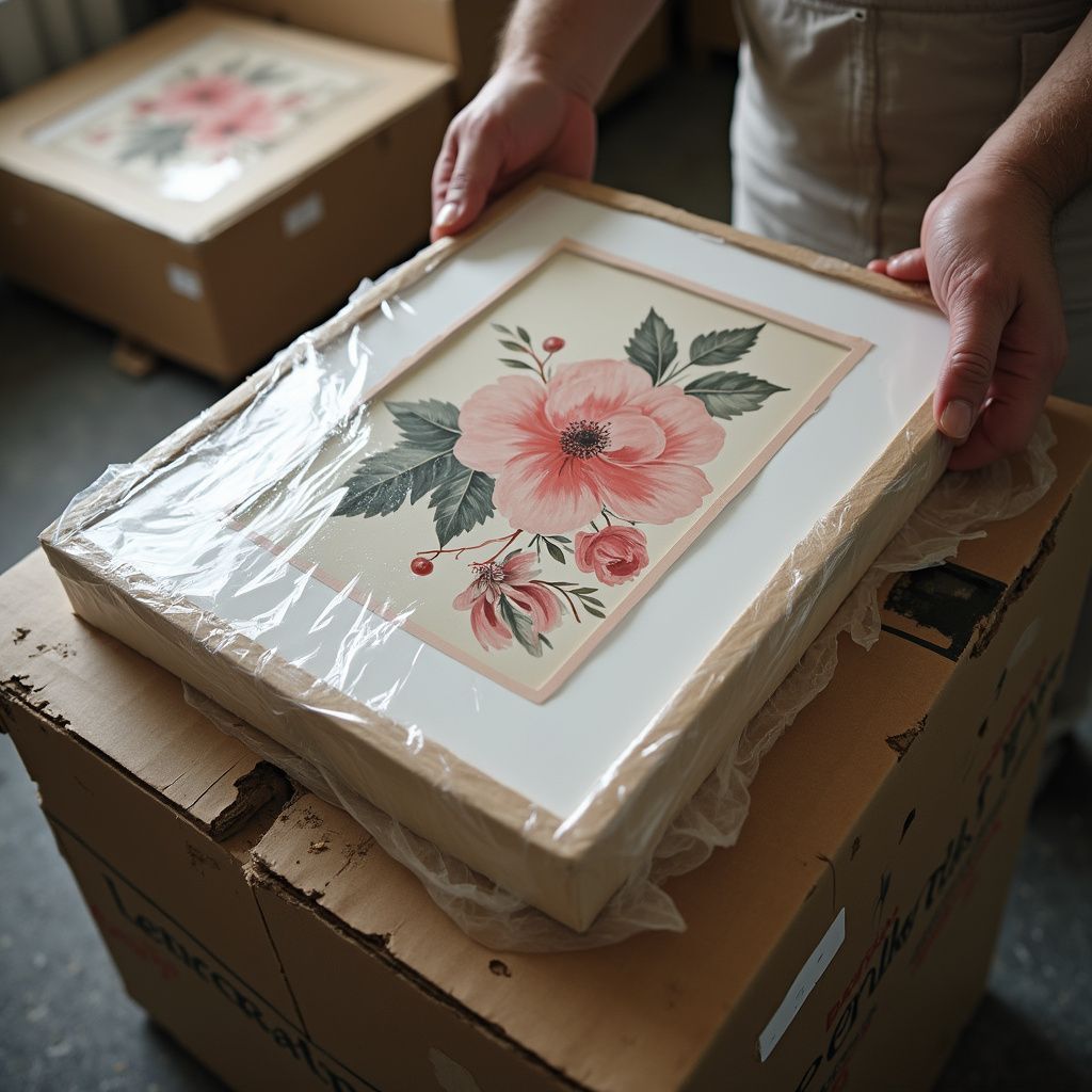 Una persona tiene in mano un'opera d'arte floreale incorniciata e avvolta nella plastica, sopra una scatola di cartone.