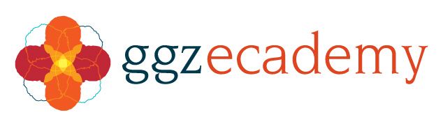 Ggzecademy-logo met oranje bloemicoon en turquoise-oranje tekst op een witte achtergrond