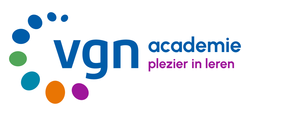 Het logo van VGN Academie met gekleurde stippen en de slogan