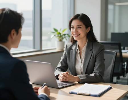 Melissa Steedman meeting with a client at her desk