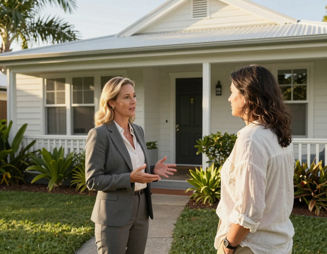 Melissa Steedman chatting with a homeowner outside a Gold Coast style house