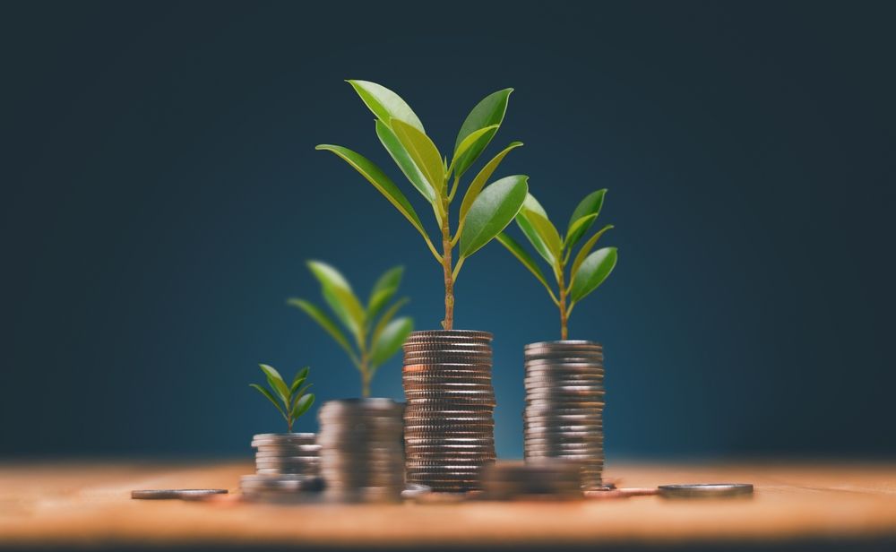 A stack of coins with plants growing out of them.