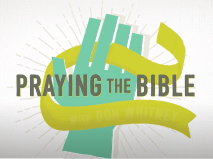 A logo for praying the bible with a cross and ribbon