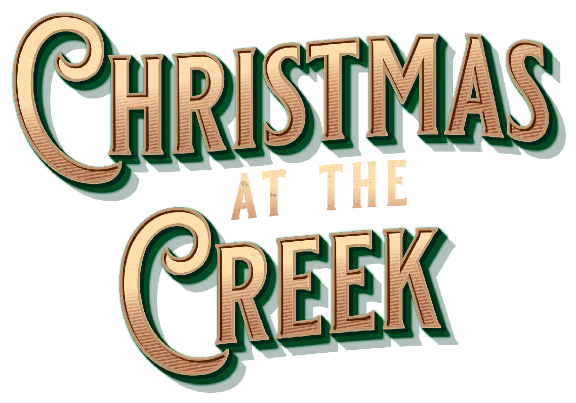The logo for christmas at the creek is gold on a white background.