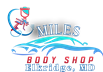 Miles Body Shop logo featuring a car silhouette, paint spray gun, and the company name.
