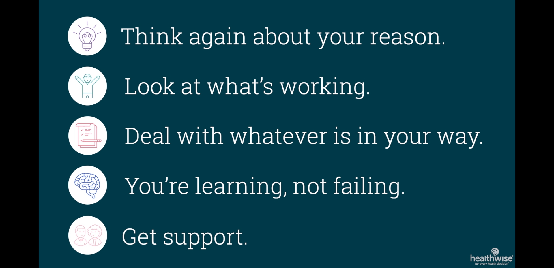 Motivational poster with five text tips: think again, look at what's working, deal with it, you're learning, get support.