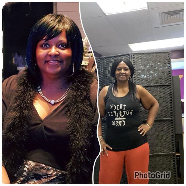 Woman in black outfits shown in a side-by-side photo collage, smiling indoors.