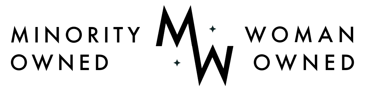 Minority-owned and woman-owned logo with black text and stylized MW letters on white background