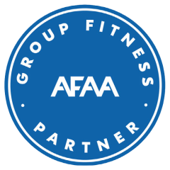 Blue circular AFAA Group Fitness Partner logo with white text and border