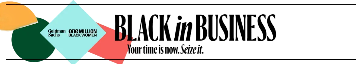 Black in Business logo with bold black text and overlapping teal, peach, and coral shapes