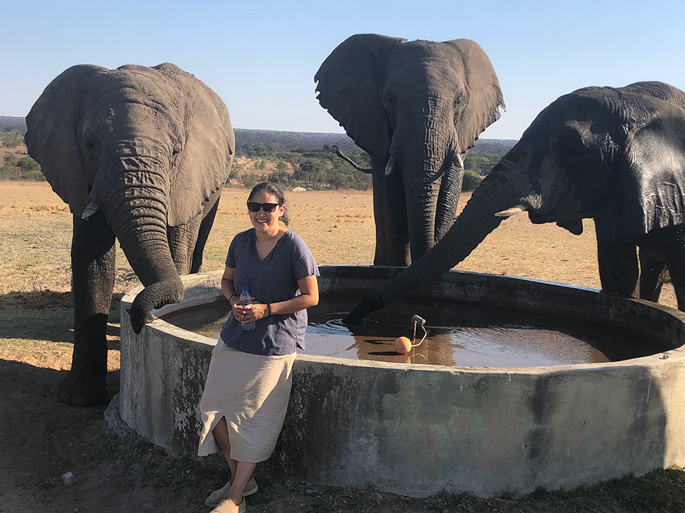 Felicia is standing next to a watering hole surrounded by elephants.