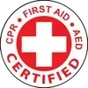A cpr first aid certified logo with a white cross in a red circle.