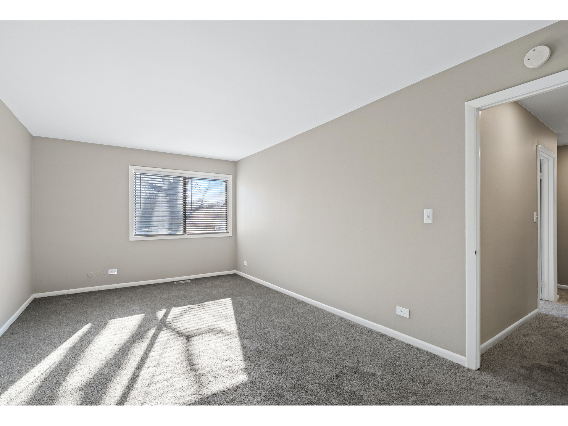 Empty beige bedroom with gray carpet, sunlight through a window, and an open doorway to a hall