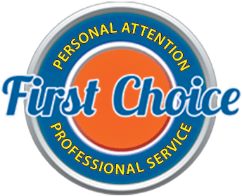 A blue and orange logo for first choice professional service