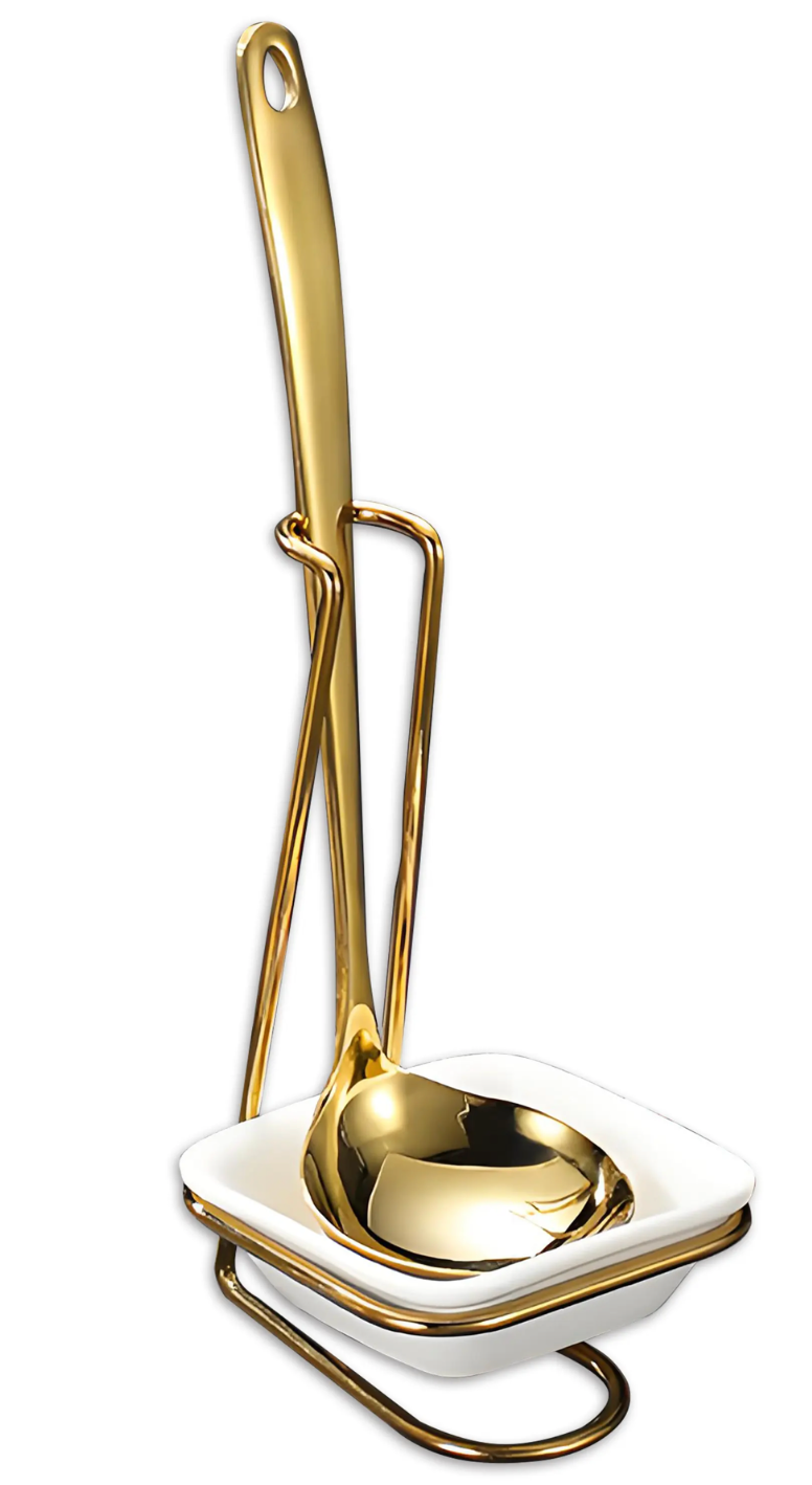 Gold Serving Spoon Set with Stand and Ceramic Rest