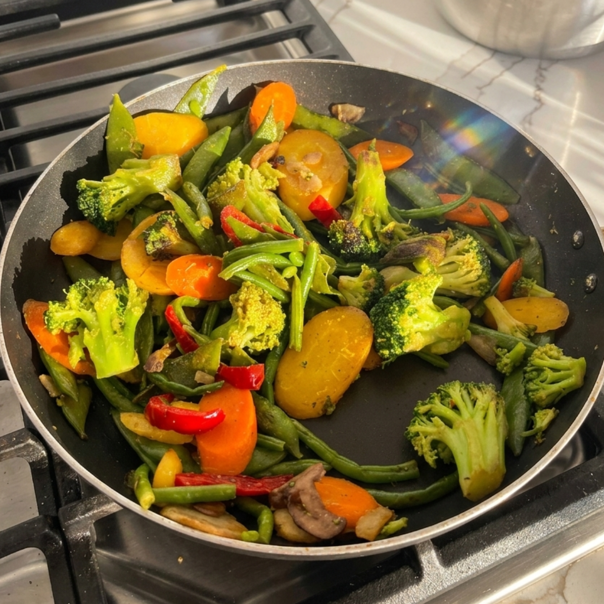 A  pan on a stovetop filled with a colorful stir-fry of broccoli, sliced carrots, green beans, and mushrooms.