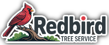 Logo for Redbird Tree Service featuring a red cardinal perched on a brown branch with green foliage.
