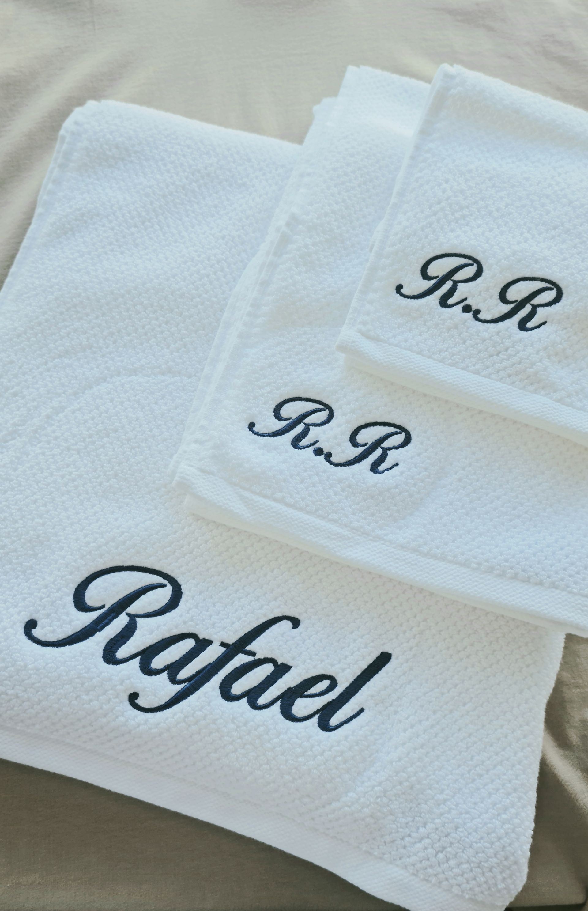 Three White Personalised Hotel Towels — NMTG Embroidery In Austinmer, NSW
