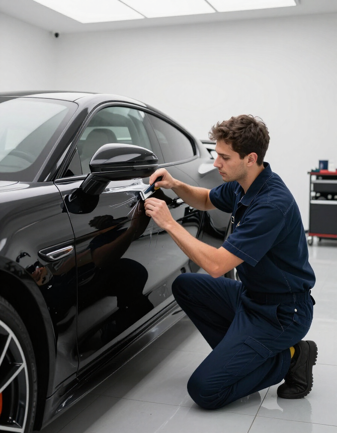 Technician polishing a black car door with a cloth at $99 Tint Club in Yucaipa, CA