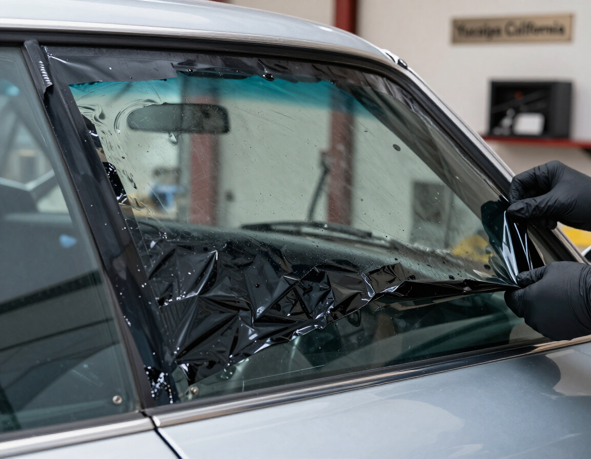 Old failing window tint being professionally removed from vehicle glass