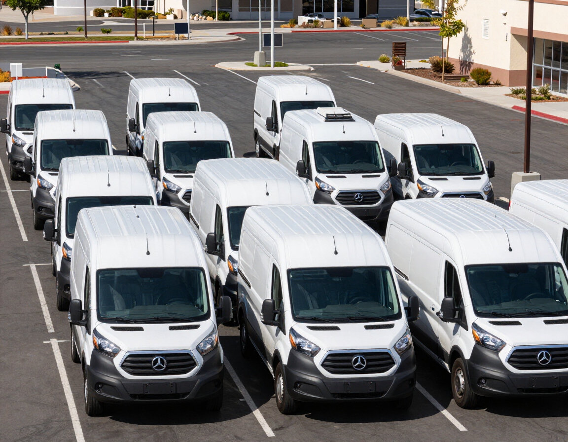 Fleet of commercial vans with matching window tint installed