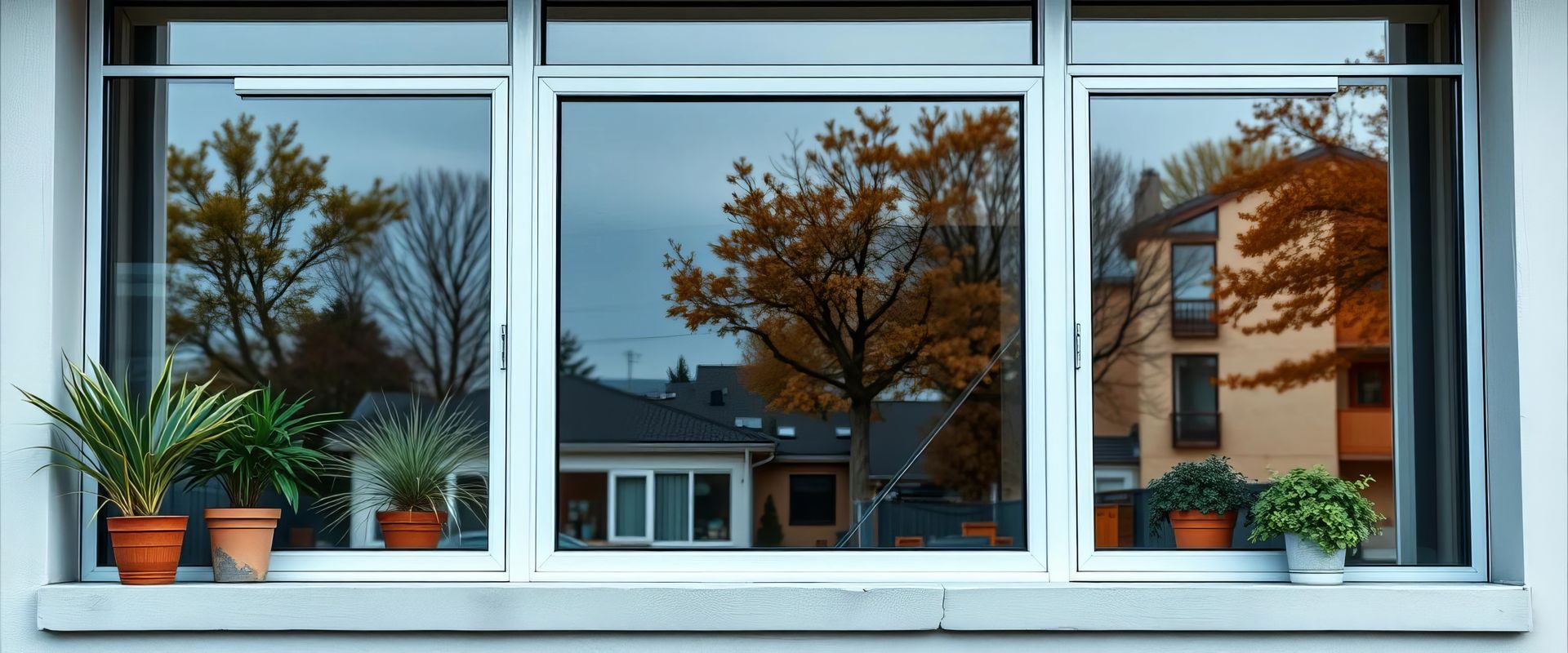 Large Yucaipa residential tinted window with potted plants on a sill, reflecting trees and houses outside