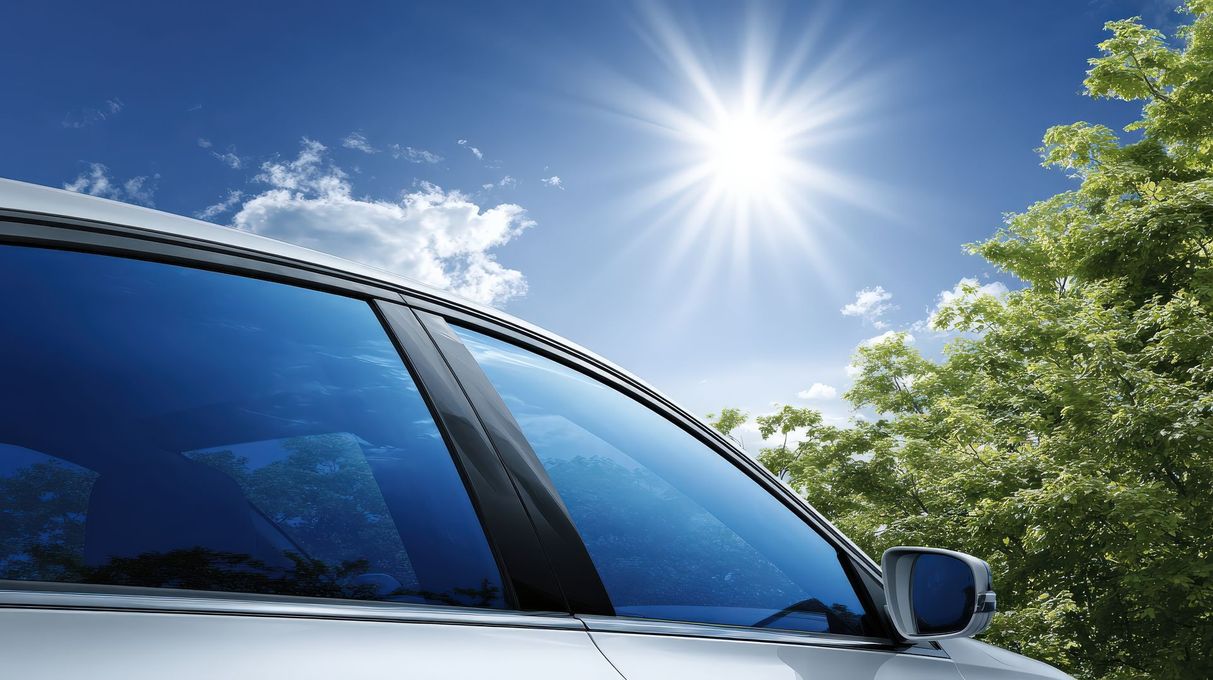 Blue car with tinted windshield under bright sun and blue sky with trees in nearby Yucaipa, CA