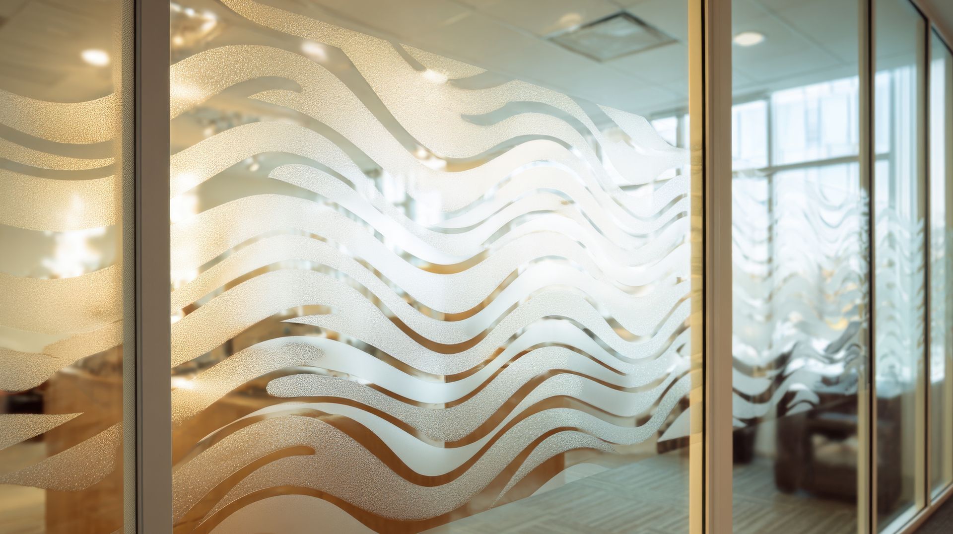 Glass office partition in Yucaipa with frosted wavy stripes in a bright modern interior