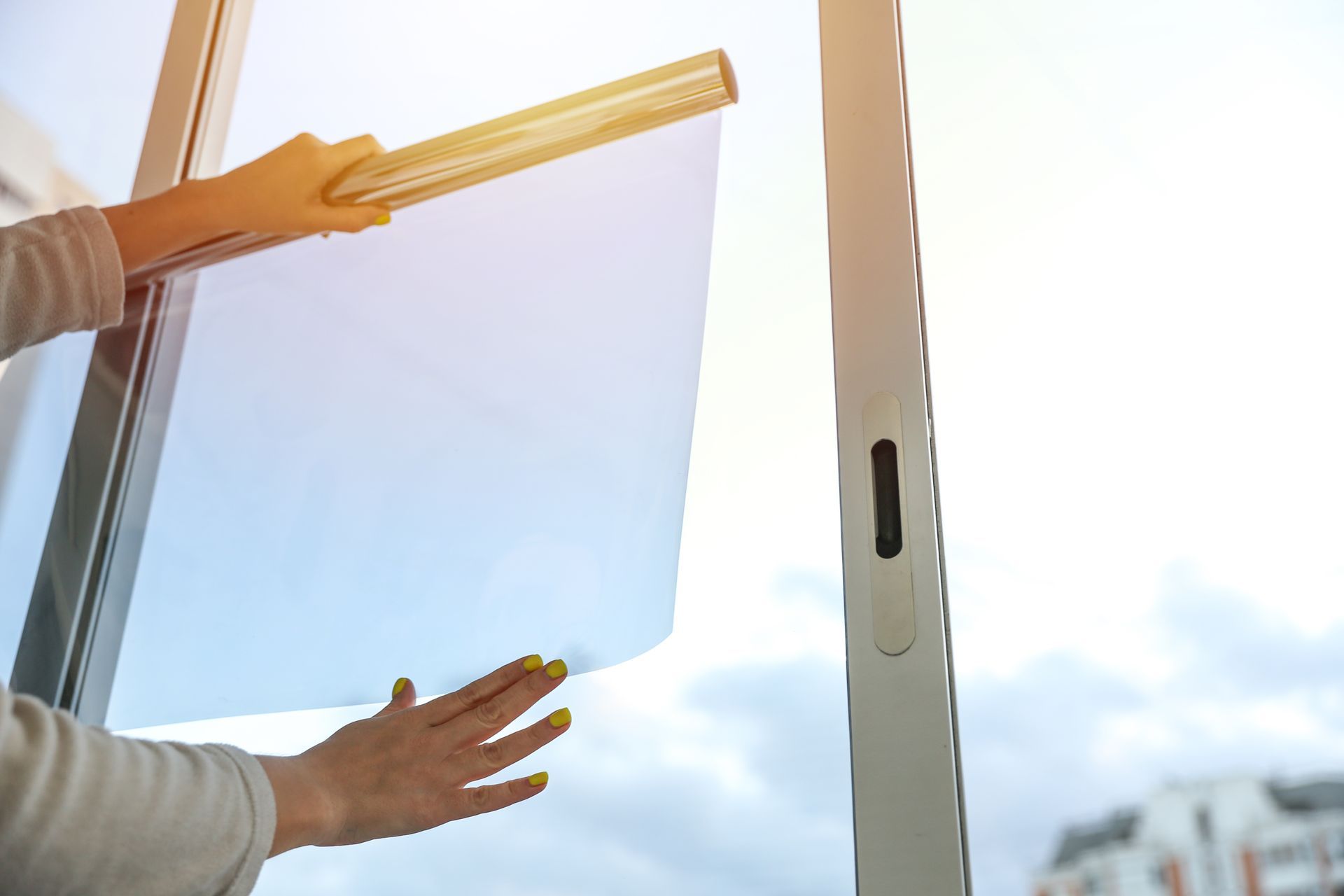 Hands holding a translucent blue tint film sheet near a sunlit window