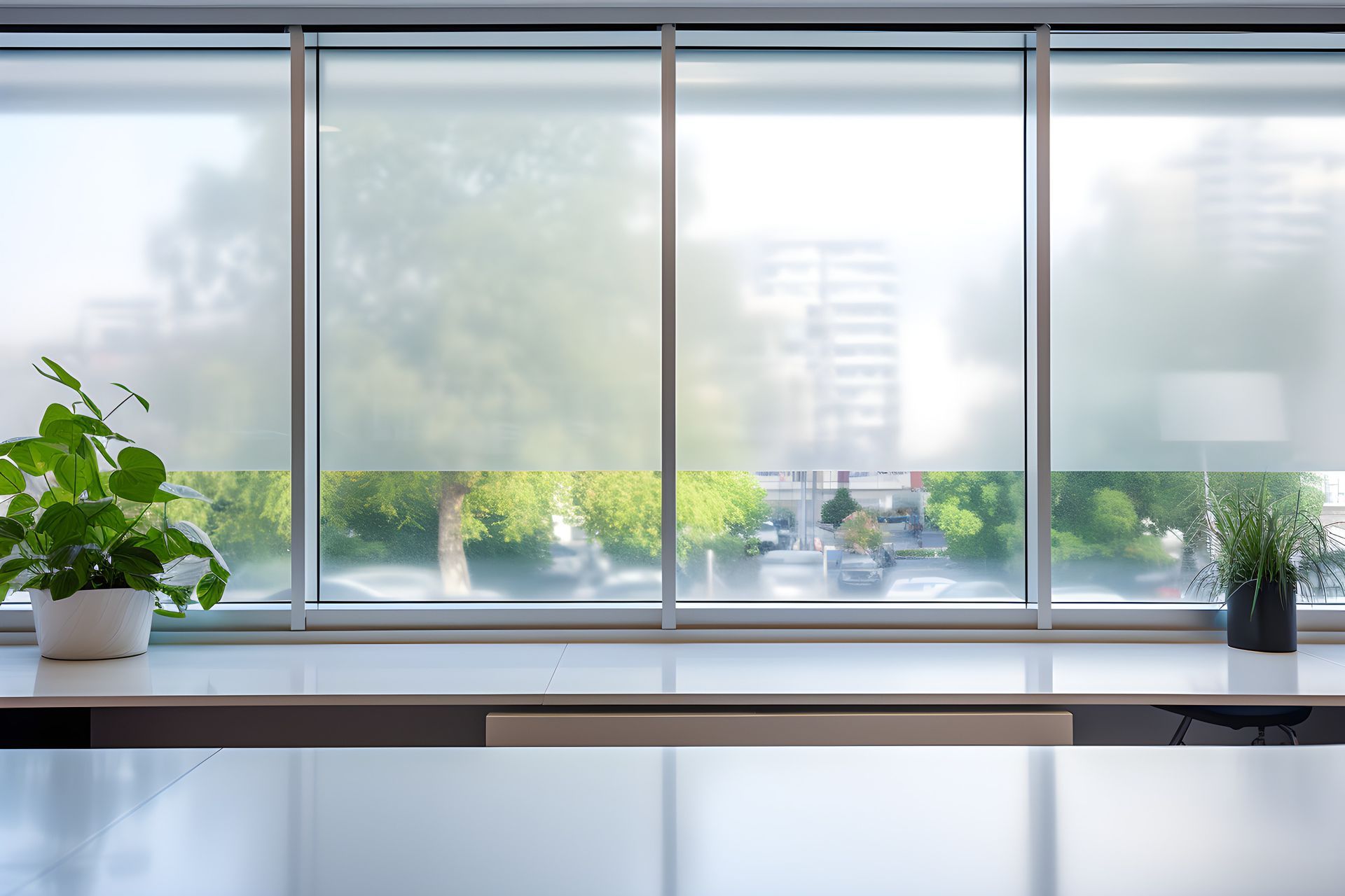 Bright modern office windows with frosted glass, potted plants, and city buildings visible outside