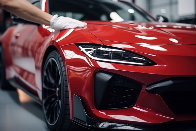 Close-up of a red sports car with a hand polishing the hood at 99 Tint Club Yucaipa