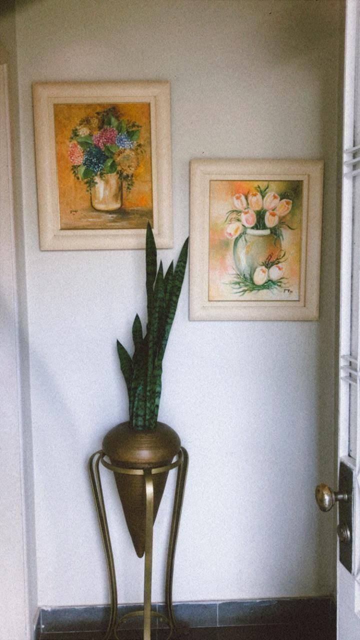 Duas pinturas florais em molduras brancas estão penduradas em uma parede branca, acima de uma planta-cobra em um suporte dourado.