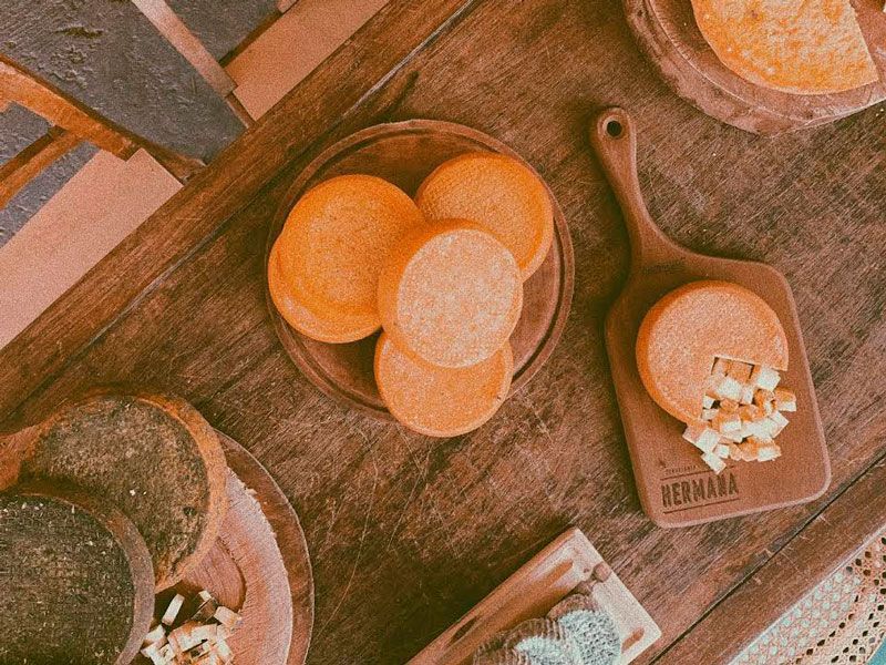 Diversas rodas redondas de queijo laranja dispostas em tábuas de madeira e uma bandeja de servir sobre uma mesa rústica de madeira.