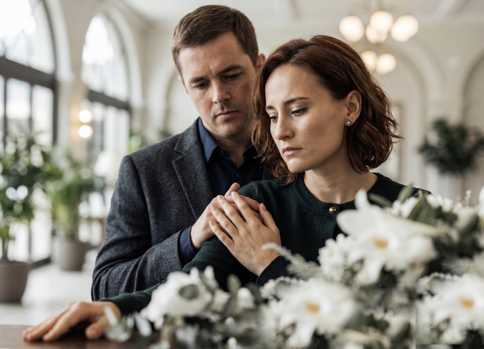 Two mourners holding hands at a flower-filled funeral