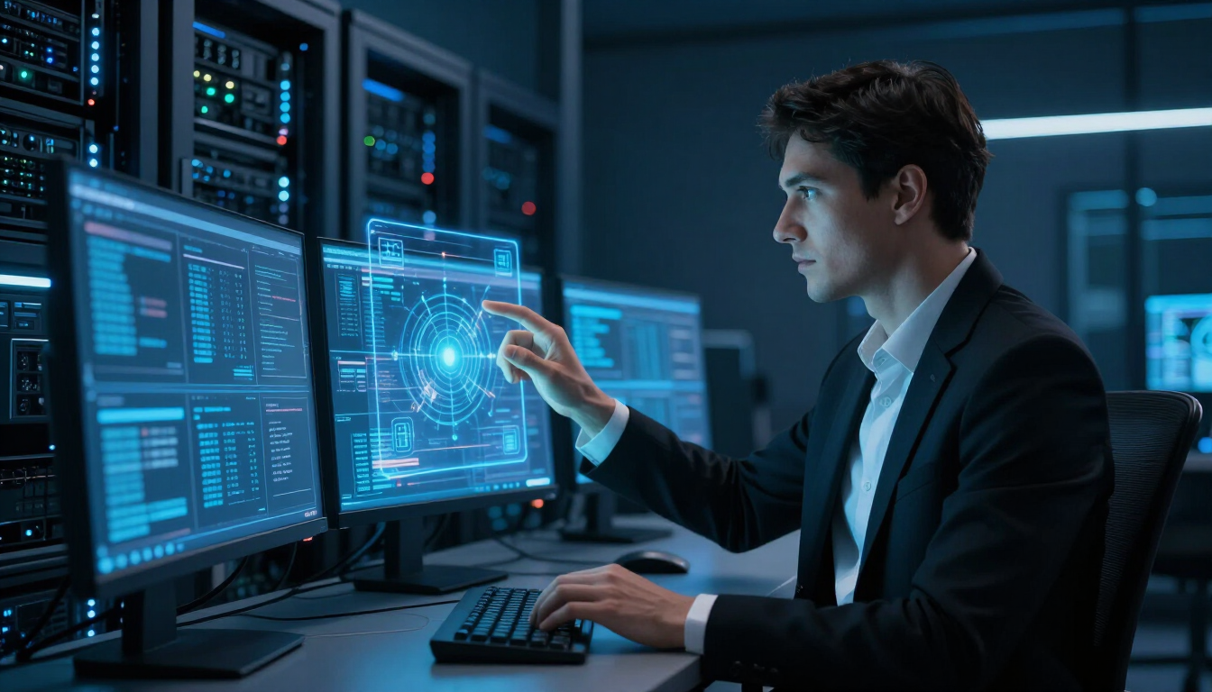 Cybersecurity professional working in a data centre