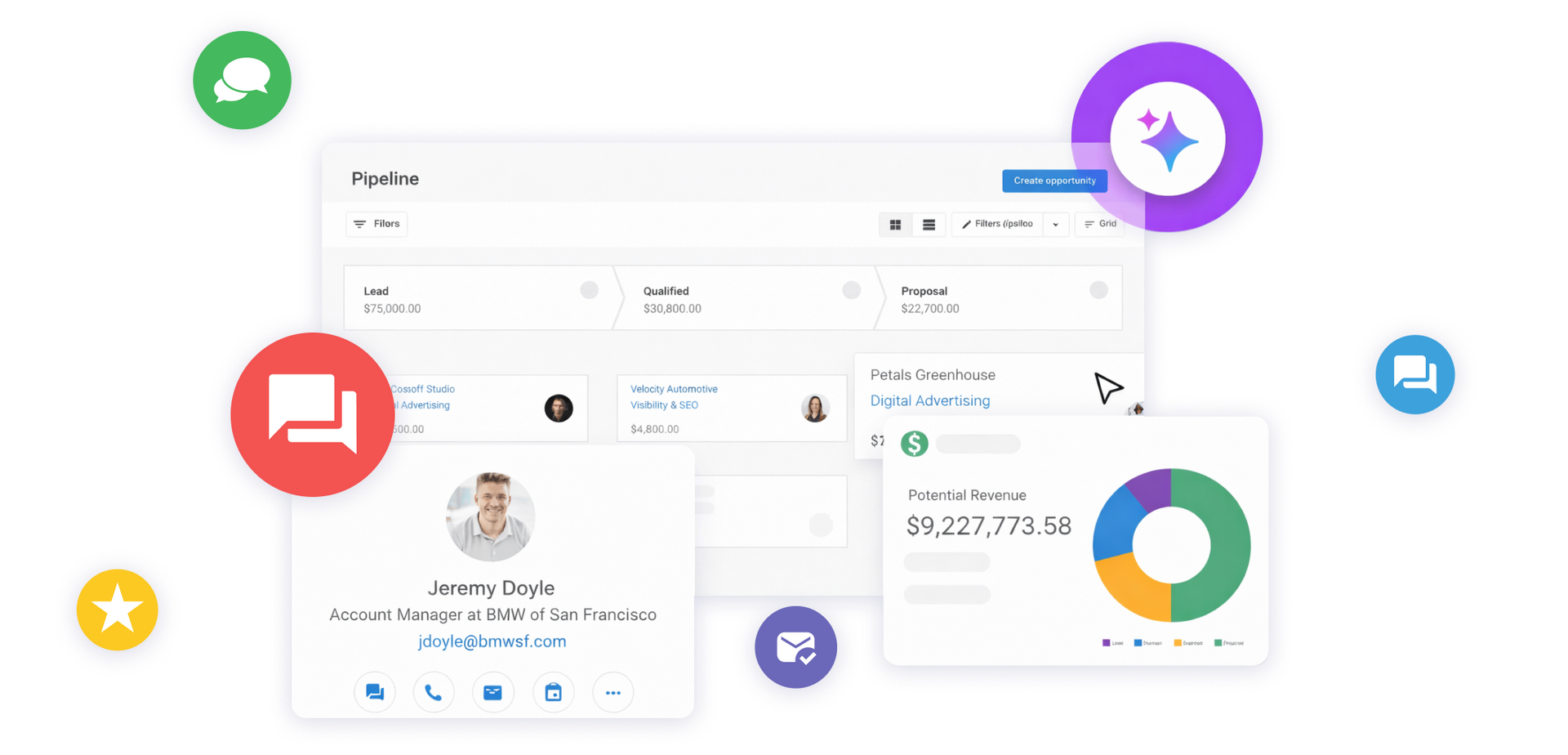 Dashboard interface with analytics charts, profile card, and colorful floating app icons on a white background