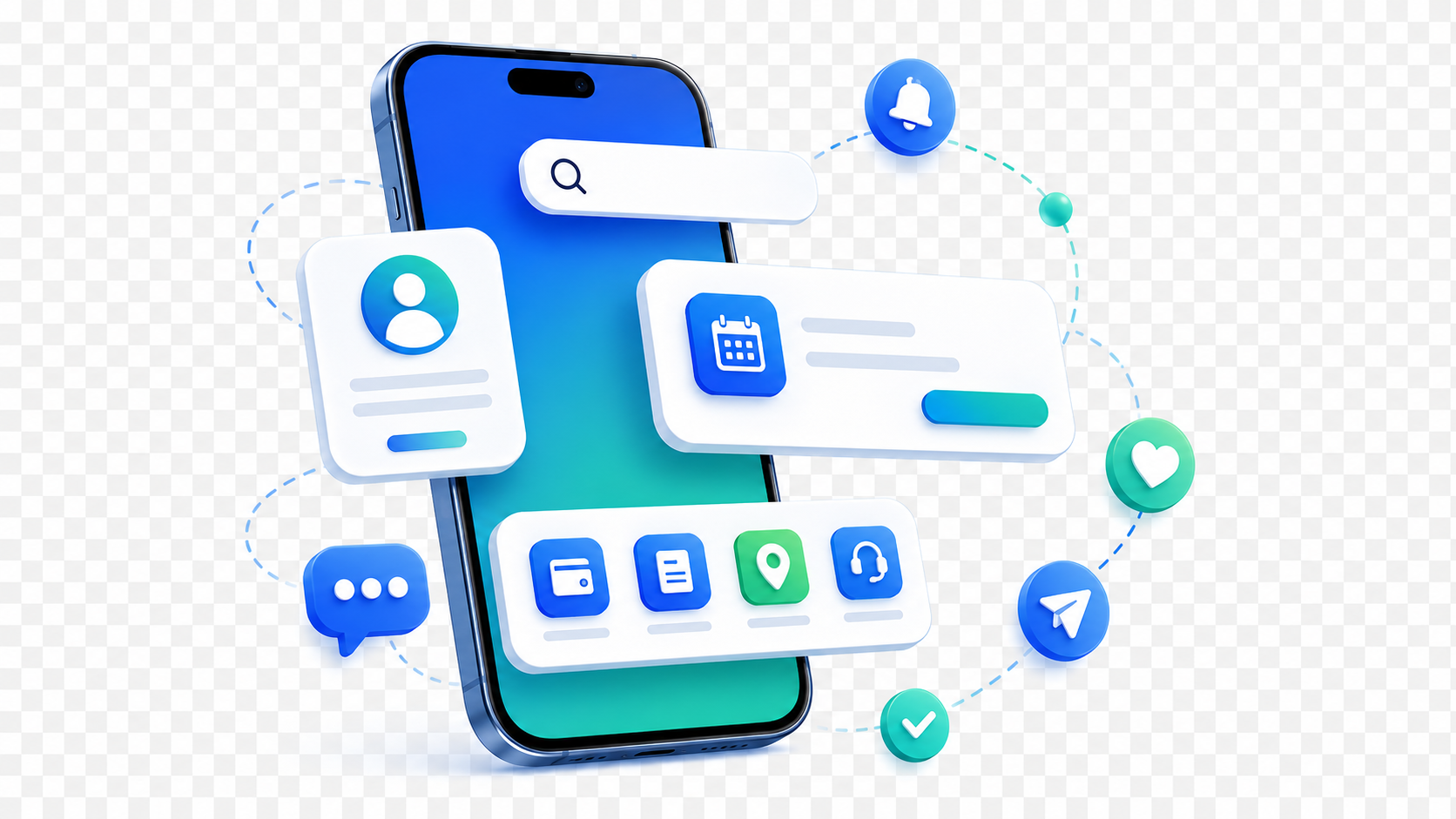 Blue smartphone with floating app and chat icons on a white background