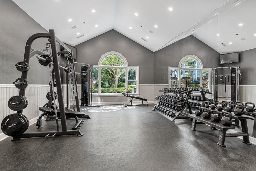 Gym with weight racks, dumbbells, and a squat rack at Marquis at Sugarloaf, offers apartments in Duluth, GA. Large windows in the background.