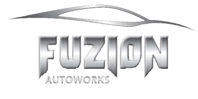 A logo for fuzion autoworks with a car on it.