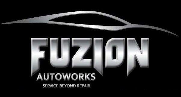 The logo for fuzion autoworks is a silver car on a black background.