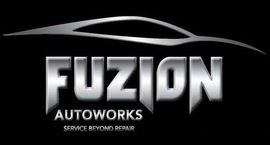 The logo for fuzion autoworks is a silver car on a black background.