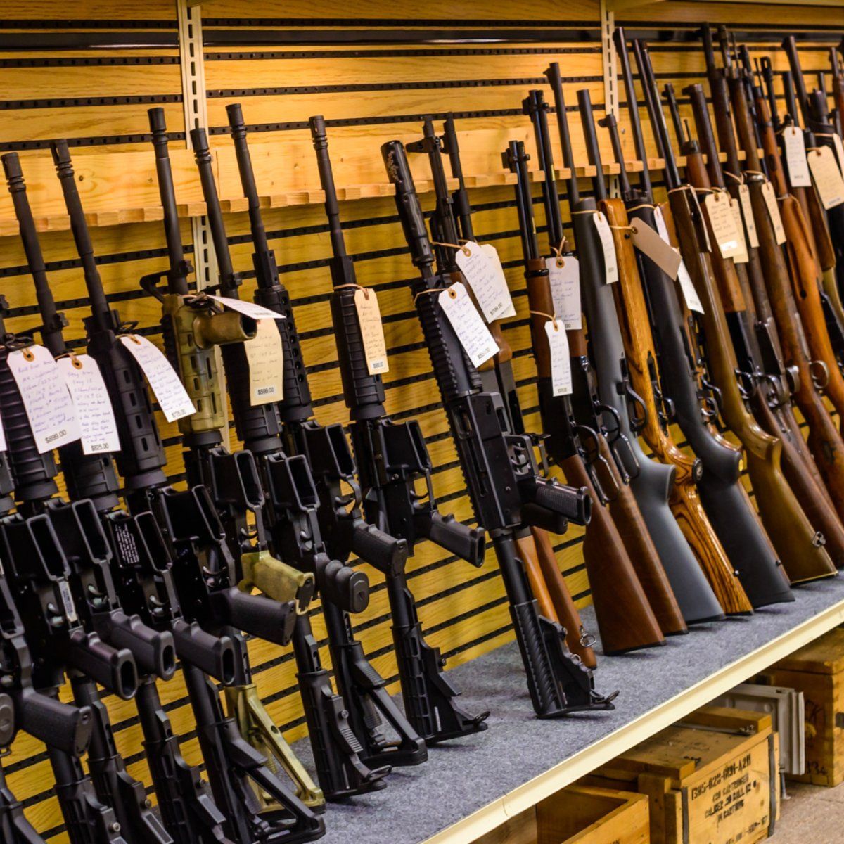 firearms lined up on a wall 