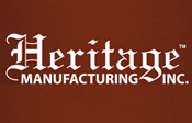 The logo for heritage manufacturing inc. is brown and white