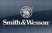 The logo for smith & wesson is on a blue background.