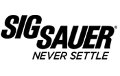 The sig sauer logo is black and white and says `` never settle ''.