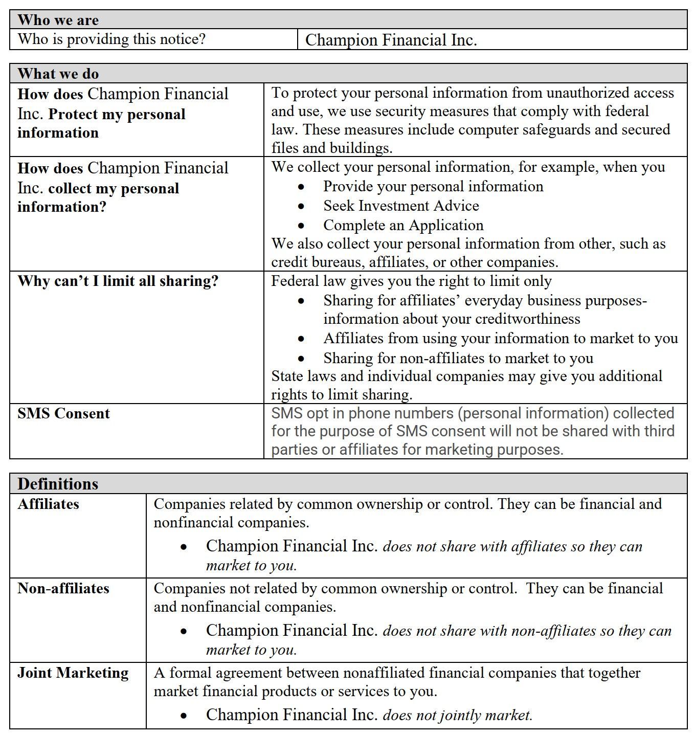 Champion Financial Inc.